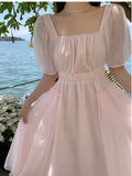Summer Pink Chiffon Lantern Sleeve Short Sleeve Fairy Dress Women Holiday Sweet Pleated Sundress Midi Backless Bandage Dress New