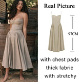 Summer Elegant Midi Spagehetti Strap Dresses Slim V Neck A Line Party Dress Khaki Casual Dress Women's Clothing