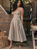 Summer Elegant Midi Spagehetti Strap Dresses Slim V Neck A Line Party Dress Khaki Casual Dress Women's Clothing