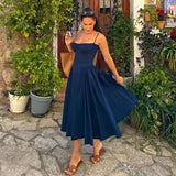 Summer Elegant Midi Spagehetti Strap Dresses Slim V Neck A Line Party Dress Khaki Casual Dress Women's Clothing