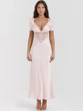 Wedding Guest Dresses Women  Autumn Pink Elegant Short Sleeve Lace Party Dresses Long Maxi Formal Occasion Dress