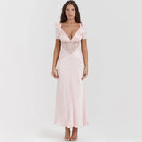 Wedding Guest Dresses Women  Autumn Pink Elegant Short Sleeve Lace Party Dresses Long Maxi Formal Occasion Dress