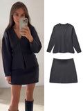 Women's Skirt Suits Woman New Loose Sleeve Knitted Coat + High Waist Mini Skirts Sets Autumn Grey Womens Outfits