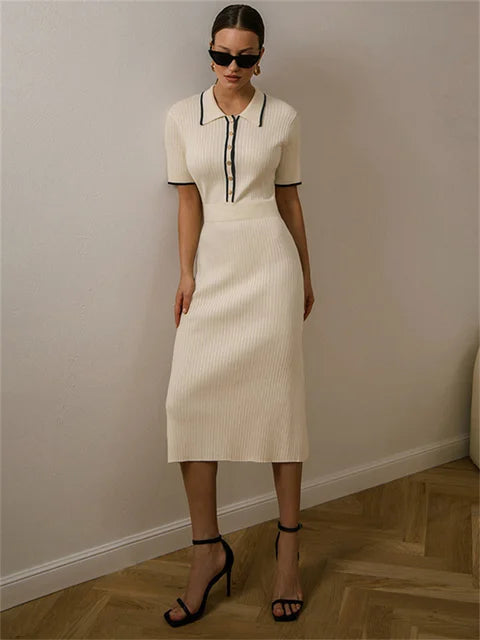 Lapel Patchwork Knit Dress Female Contrast Fashion Elegant Ribbed Party Dress Short Sleeve High Waist Knitwear Midi Dress