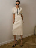 Lapel Patchwork Knit Dress Female Contrast Fashion Elegant Ribbed Party Dress Short Sleeve High Waist Knitwear Midi Dress