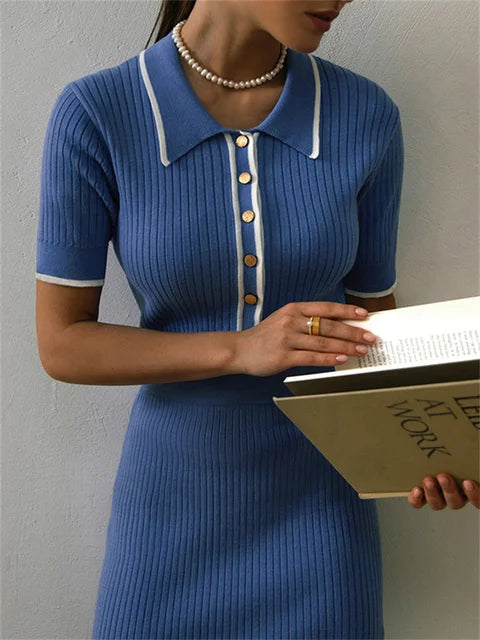 Lapel Patchwork Knit Dress Female Contrast Fashion Elegant Ribbed Party Dress Short Sleeve High Waist Knitwear Midi Dress