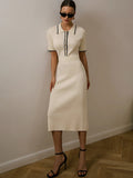 Lapel Patchwork Knit Dress Female Contrast Fashion Elegant Ribbed Party Dress Short Sleeve High Waist Knitwear Midi Dress
