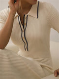 Lapel Patchwork Knit Dress Female Contrast Fashion Elegant Ribbed Party Dress Short Sleeve High Waist Knitwear Midi Dress