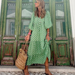 Pbong mid size graduation outfit romantic style teen swag clean girl ideas 90s latina aesthetic Bohemian Summer Dress Women Elegant Lantern Sleeve V Neck Loose Floral Print Beach Party Maxi Long Dresses Vacation Vestido
