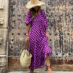 Pbong mid size graduation outfit romantic style teen swag clean girl ideas 90s latina aesthetic Bohemian Summer Dress Women Elegant Lantern Sleeve V Neck Loose Floral Print Beach Party Maxi Long Dresses Vacation Vestido