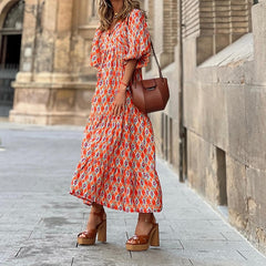 Pbong mid size graduation outfit romantic style teen swag clean girl ideas 90s latina aesthetic Bohemian Summer Dress Women Elegant Lantern Sleeve V Neck Loose Floral Print Beach Party Maxi Long Dresses Vacation Vestido