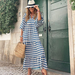 Pbong mid size graduation outfit romantic style teen swag clean girl ideas 90s latina aesthetic Bohemian Summer Dress Women Elegant Lantern Sleeve V Neck Loose Floral Print Beach Party Maxi Long Dresses Vacation Vestido