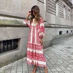 Pbong mid size graduation outfit romantic style teen swag clean girl ideas 90s latina aesthetic Bohemian Summer Dress Women Elegant Lantern Sleeve V Neck Loose Floral Print Beach Party Maxi Long Dresses Vacation Vestido