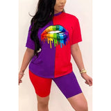 Pbong mid size graduation outfit romantic style teen swag clean girl ideas 90s latina aestheticNew Summer Women Fashion Rainbow Lip Print Sportswear Top and Shorts 2pc Set Ladies Casual O-Neck Pullover Short Sleeve T-Shirt