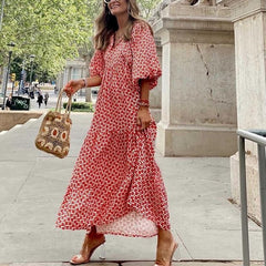 Pbong mid size graduation outfit romantic style teen swag clean girl ideas 90s latina aesthetic Bohemian Summer Dress Women Elegant Lantern Sleeve V Neck Loose Floral Print Beach Party Maxi Long Dresses Vacation Vestido