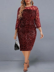 Women&#39;s Summer Dress Elegant Sequin Evening Party Dresses Mesh Patchwork Casual Midi Dress Wine Red Wedding Club Outfits