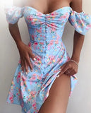 Summer Print Dress French Style Puff Sleeve Floral Off Shoulder Mini Dress Casual Corset Strapless Women Dress