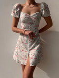 Summer Print Dress French Style Puff Sleeve Floral Off Shoulder Mini Dress Casual Corset Strapless Women Dress