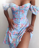 Summer Print Dress French Style Puff Sleeve Floral Off Shoulder Mini Dress Casual Corset Strapless Women Dress