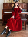 Women Elegant Red Christmes Long Sleeve Party Dress Square Collar A-ling Ruffle Birthday Paty Long Dress Fashion Velvet Dress