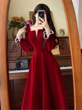 Women Elegant Red Christmes Long Sleeve Party Dress Square Collar A-ling Ruffle Birthday Paty Long Dress Fashion Velvet Dress