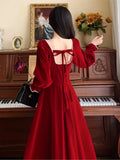 Women Elegant Red Christmes Long Sleeve Party Dress Square Collar A-ling Ruffle Birthday Paty Long Dress Fashion Velvet Dress