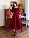 Women Elegant Red Christmes Long Sleeve Party Dress Square Collar A-ling Ruffle Birthday Paty Long Dress Fashion Velvet Dress