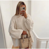 Women Loose Long Lantern Sleeve Pullover Elegant O-neck Thick Knitted Sweater Autumn Fashion Solid Casual Street Lady Top