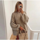 Women Loose Long Lantern Sleeve Pullover Elegant O-neck Thick Knitted Sweater Autumn Fashion Solid Casual Street Lady Top