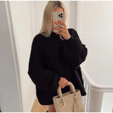 Women Loose Long Lantern Sleeve Pullover Elegant O-neck Thick Knitted Sweater Autumn Fashion Solid Casual Street Lady Top