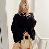 Women Loose Long Lantern Sleeve Pullover Elegant O-neck Thick Knitted Sweater Autumn Fashion Solid Casual Street Lady Top