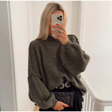 Women Loose Long Lantern Sleeve Pullover Elegant O-neck Thick Knitted Sweater Autumn Fashion Solid Casual Street Lady Top