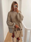 Women Loose Long Lantern Sleeve Pullover Elegant O-neck Thick Knitted Sweater Autumn Fashion Solid Casual Street Lady Top