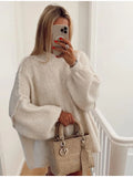 Women Loose Long Lantern Sleeve Pullover Elegant O-neck Thick Knitted Sweater Autumn Fashion Solid Casual Street Lady Top