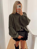 Women Loose Long Lantern Sleeve Pullover Elegant O-neck Thick Knitted Sweater Autumn Fashion Solid Casual Street Lady Top