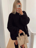 Women Loose Long Lantern Sleeve Pullover Elegant O-neck Thick Knitted Sweater Autumn Fashion Solid Casual Street Lady Top