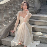 Women Summer Elegant Party Midi Dress Long Sleeve Casual Vintage Prom Vestidos Femme Fashion Slim Princess Clothes New Robe