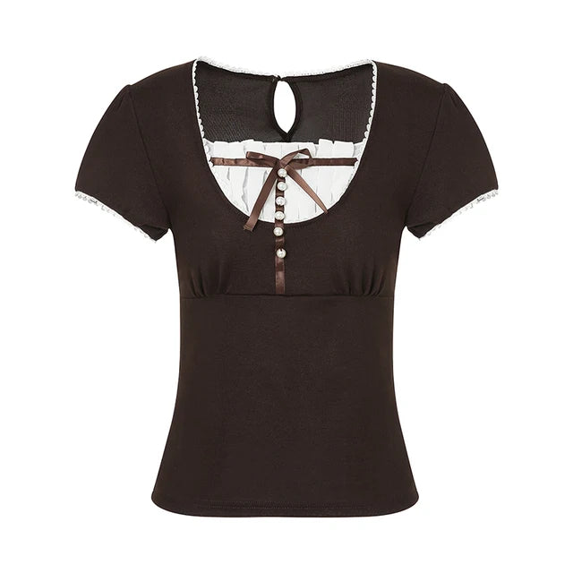 Summer Vintage Bow Ruffle Patchwork T Shirt y2k Women Grunge Square Neck Aesthetic Korean Short Sleeve Crop Tops