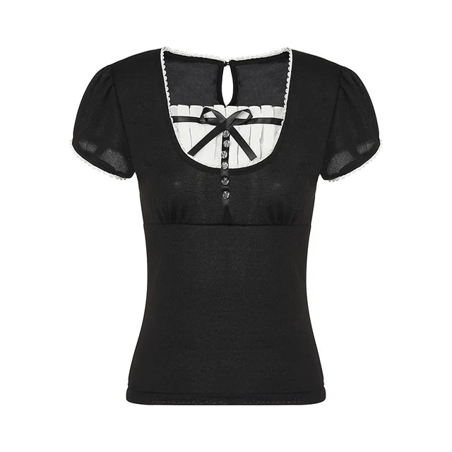 Summer Vintage Bow Ruffle Patchwork T Shirt y2k Women Grunge Square Neck Aesthetic Korean Short Sleeve Crop Tops