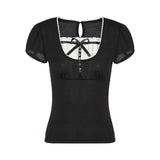 Summer Vintage Bow Ruffle Patchwork T Shirt y2k Women Grunge Square Neck Aesthetic Korean Short Sleeve Crop Tops