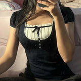 Summer Vintage Bow Ruffle Patchwork T Shirt y2k Women Grunge Square Neck Aesthetic Korean Short Sleeve Crop Tops