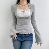 Elegant Lady Square Collar T Shirt Kawaii Clothes Fairy Grunge Long Sleeve Ribbed Tops y2k Tees 2000s Women Streetwear