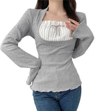 Elegant Lady Square Collar T Shirt Kawaii Clothes Fairy Grunge Long Sleeve Ribbed Tops y2k Tees 2000s Women Streetwear