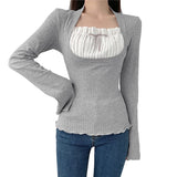 Elegant Lady Square Collar T Shirt Kawaii Clothes Fairy Grunge Long Sleeve Ribbed Tops y2k Tees 2000s Women Streetwear
