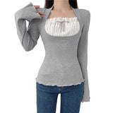 Elegant Lady Square Collar T Shirt Kawaii Clothes Fairy Grunge Long Sleeve Ribbed Tops y2k Tees 2000s Women Streetwear