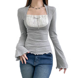 Elegant Lady Square Collar T Shirt Kawaii Clothes Fairy Grunge Long Sleeve Ribbed Tops y2k Tees 2000s Women Streetwear