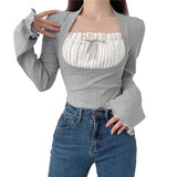 Elegant Lady Square Collar T Shirt Kawaii Clothes Fairy Grunge Long Sleeve Ribbed Tops y2k Tees 2000s Women Streetwear
