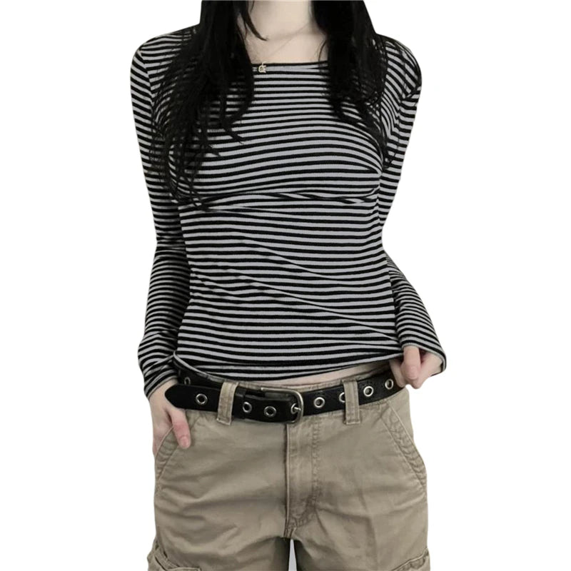 Vintage Aesthetic Striped Top Grunge Fairycore Casual Long Sleeve T Shirt y2k Women Clothes 2000s Tee Autumn Streetwear