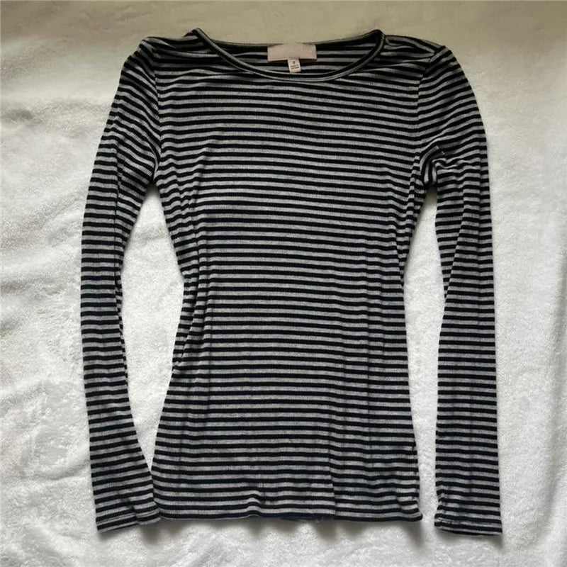 Vintage Aesthetic Striped Top Grunge Fairycore Casual Long Sleeve T Shirt y2k Women Clothes 2000s Tee Autumn Streetwear