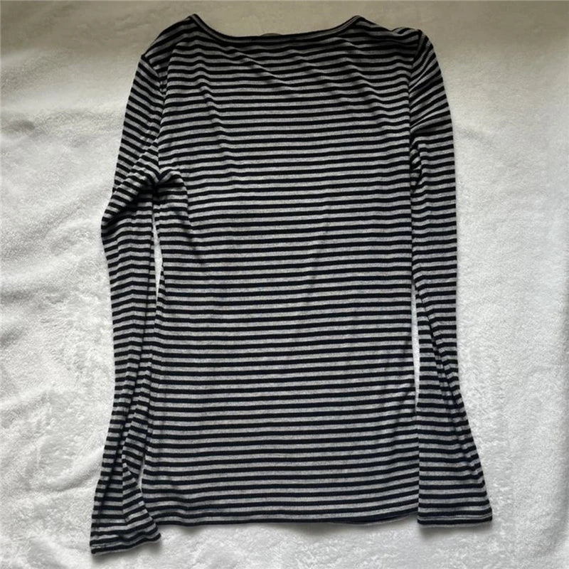 Vintage Aesthetic Striped Top Grunge Fairycore Casual Long Sleeve T Shirt y2k Women Clothes 2000s Tee Autumn Streetwear